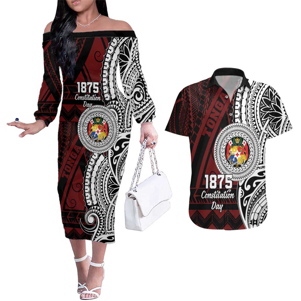 Personalised Tonga Constitution Day 1875 Couples Matching Off The Shoulder Long Sleeve Dress and Hawaiian Shirt Polynesian Tribal Tattoo