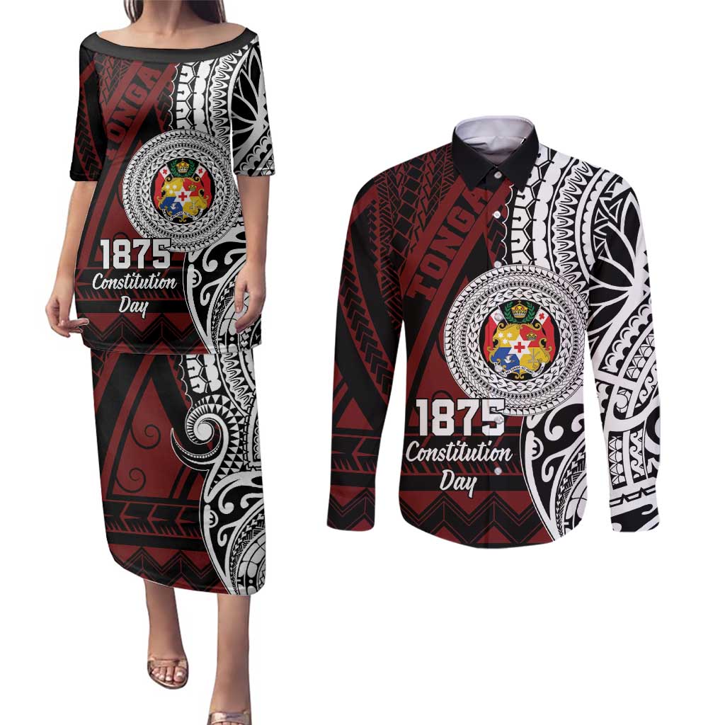 Personalised Tonga Constitution Day 1875 Couples Matching Puletasi and Long Sleeve Button Shirt Polynesian Tribal Tattoo