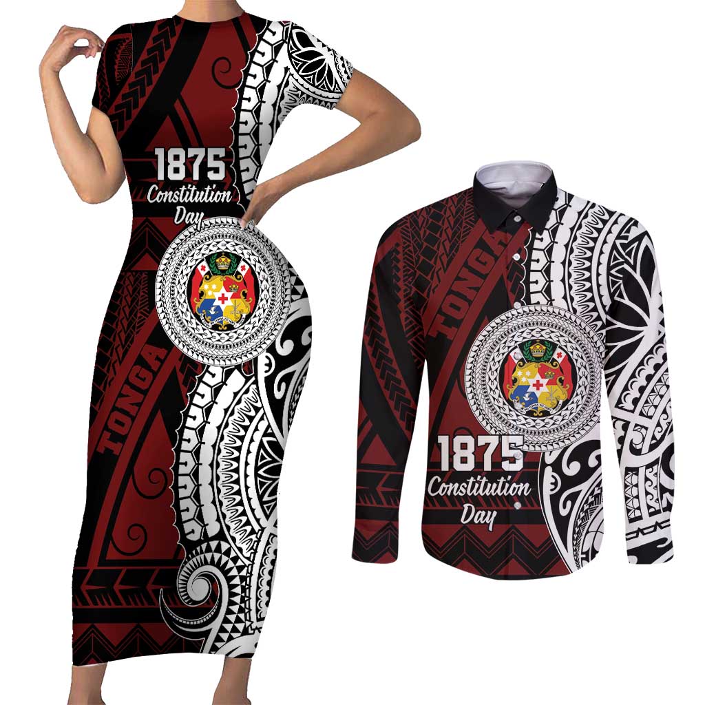 Personalised Tonga Constitution Day 1875 Couples Matching Short Sleeve Bodycon Dress and Long Sleeve Button Shirt Polynesian Tribal Tattoo