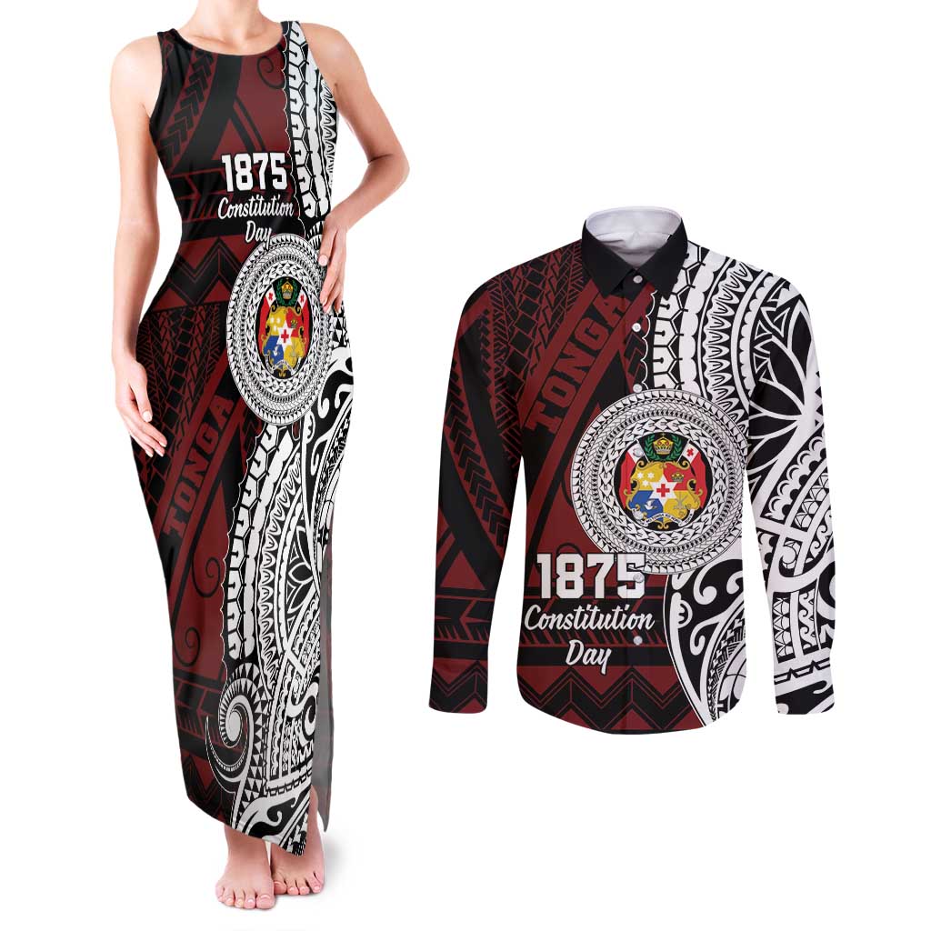 Personalised Tonga Constitution Day 1875 Couples Matching Tank Maxi Dress and Long Sleeve Button Shirt Polynesian Tribal Tattoo