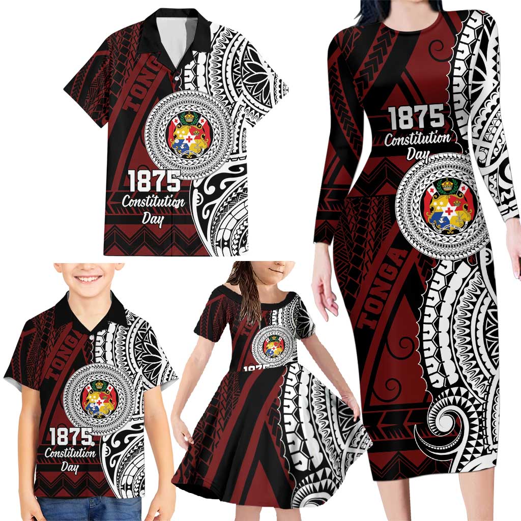 Personalised Tonga Constitution Day 1875 Family Matching Long Sleeve Bodycon Dress and Hawaiian Shirt Polynesian Tribal Tattoo LT9 - Polynesian Pride