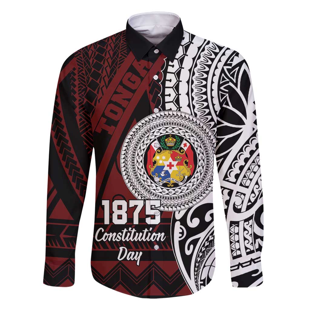 Personalised Tonga Constitution Day 1875 Family Matching Long Sleeve Bodycon Dress and Hawaiian Shirt Polynesian Tribal Tattoo LT9 Dad's Shirt - Long Sleeve Red - Polynesian Pride