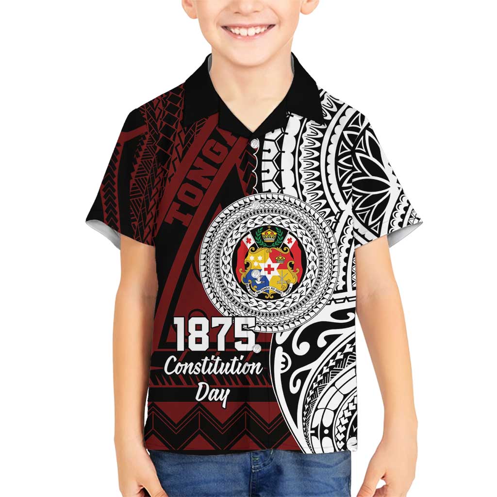 Personalised Tonga Constitution Day 1875 Family Matching Long Sleeve Bodycon Dress and Hawaiian Shirt Polynesian Tribal Tattoo LT9 Son's Shirt Red - Polynesian Pride