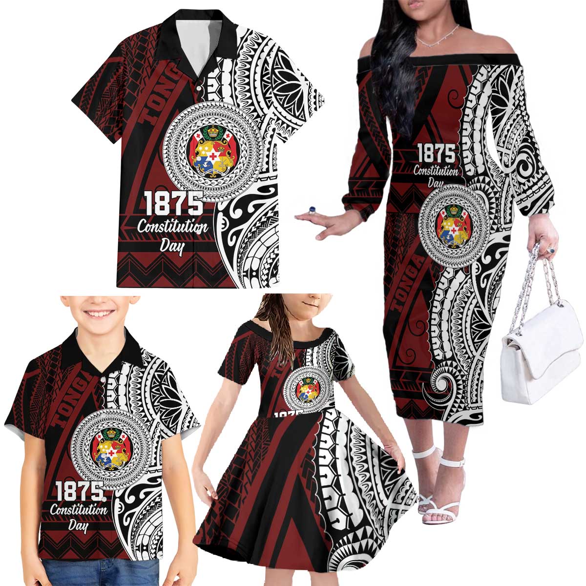 Personalised Tonga Constitution Day 1875 Family Matching Off The Shoulder Long Sleeve Dress and Hawaiian Shirt Polynesian Tribal Tattoo