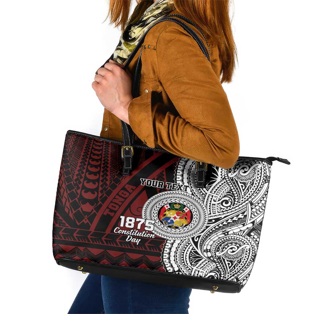 Personalised Tonga Constitution Day 1875 Leather Tote Bag Polynesian Tribal Tattoo