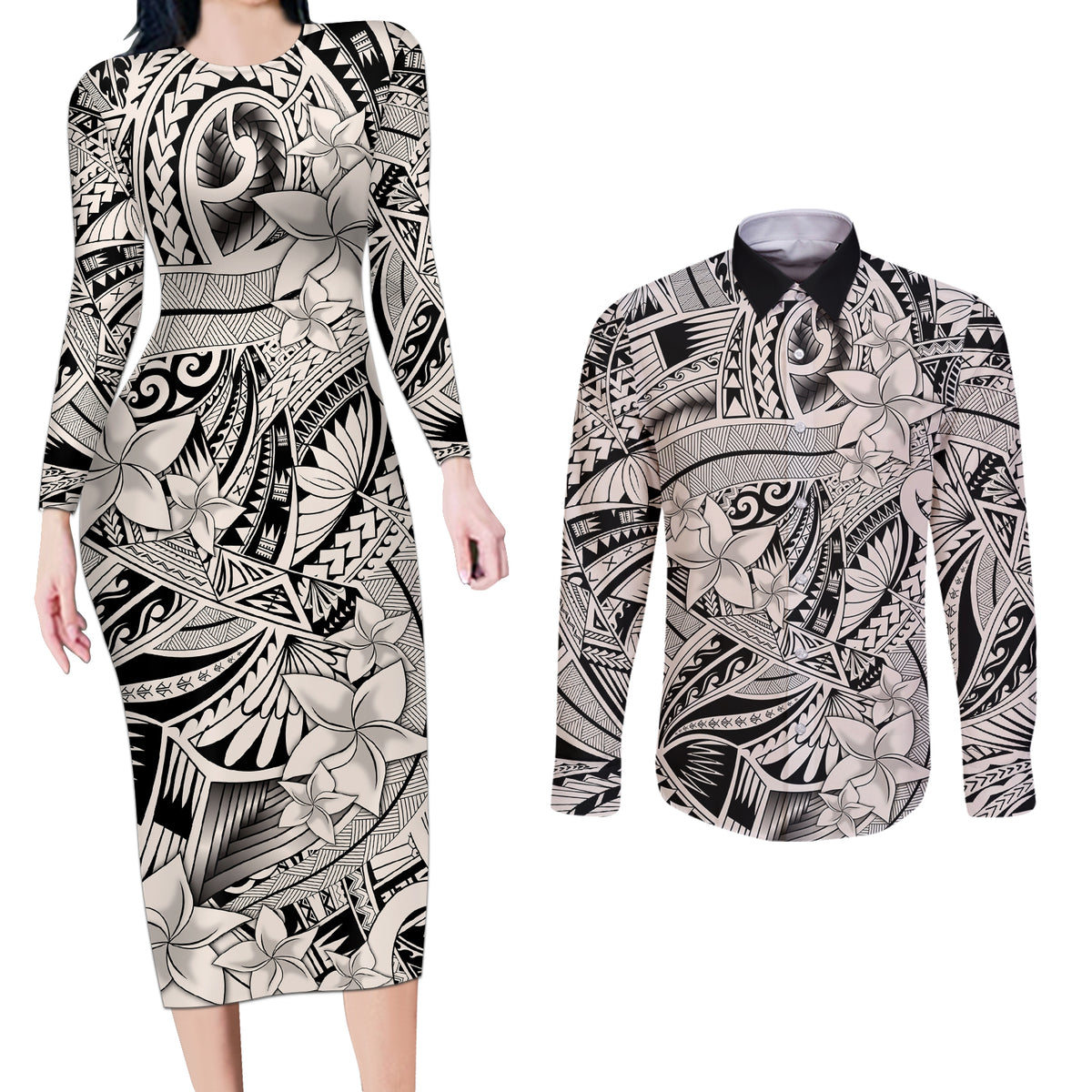 Polynesia Couples Matching Long Sleeve Bodycon Dress and Long Sleeve Button Shirt Tribal Polynesian Spirit With Beige Pacific Flowers LT9 Beige - Polynesian Pride