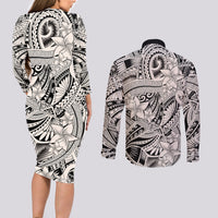 Polynesia Couples Matching Long Sleeve Bodycon Dress and Long Sleeve Button Shirt Tribal Polynesian Spirit With Beige Pacific Flowers LT9 - Polynesian Pride
