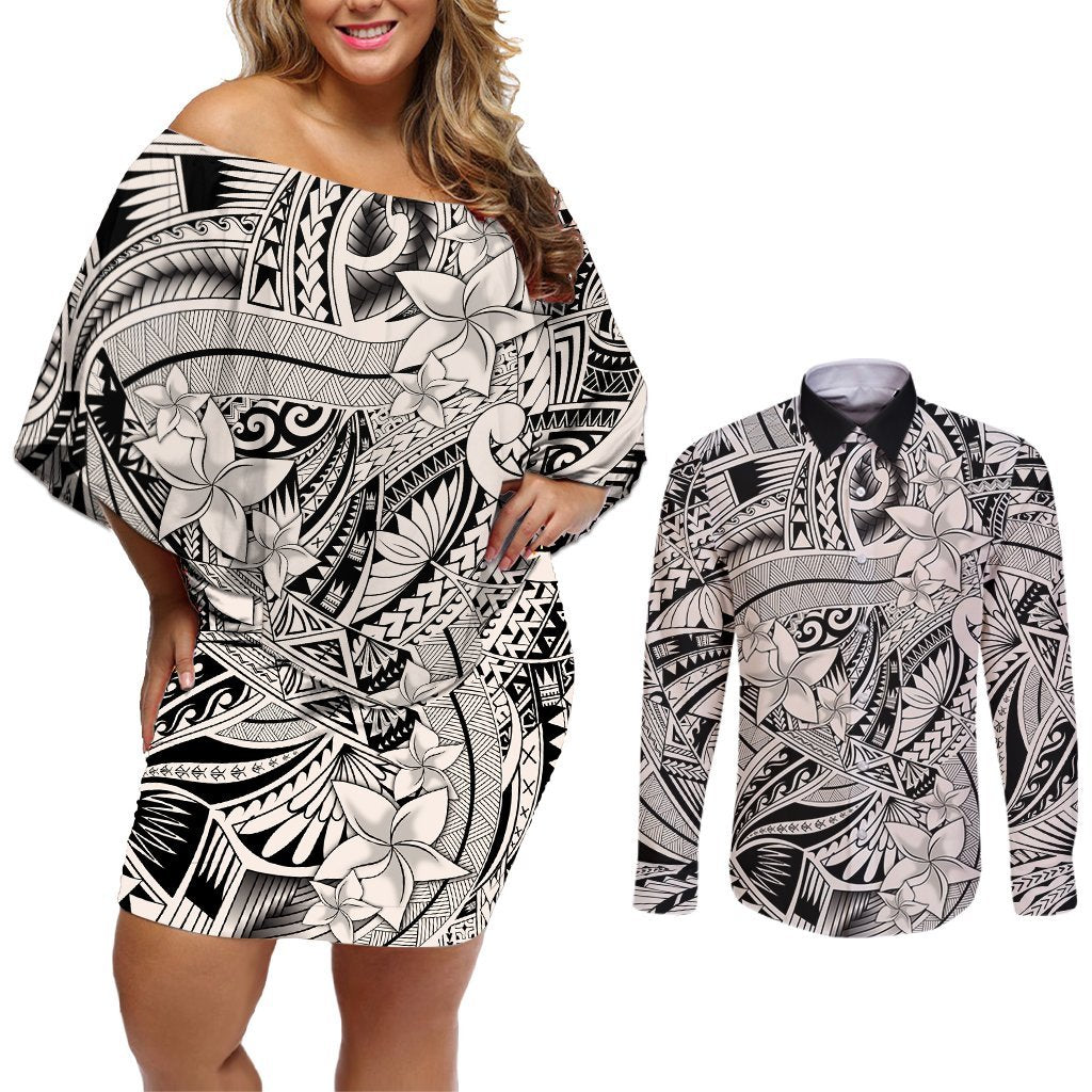 Polynesia Couples Matching Off Shoulder Short Dress and Long Sleeve Button Shirt Tribal Polynesian Spirit With Beige Pacific Flowers LT9 Beige - Polynesian Pride