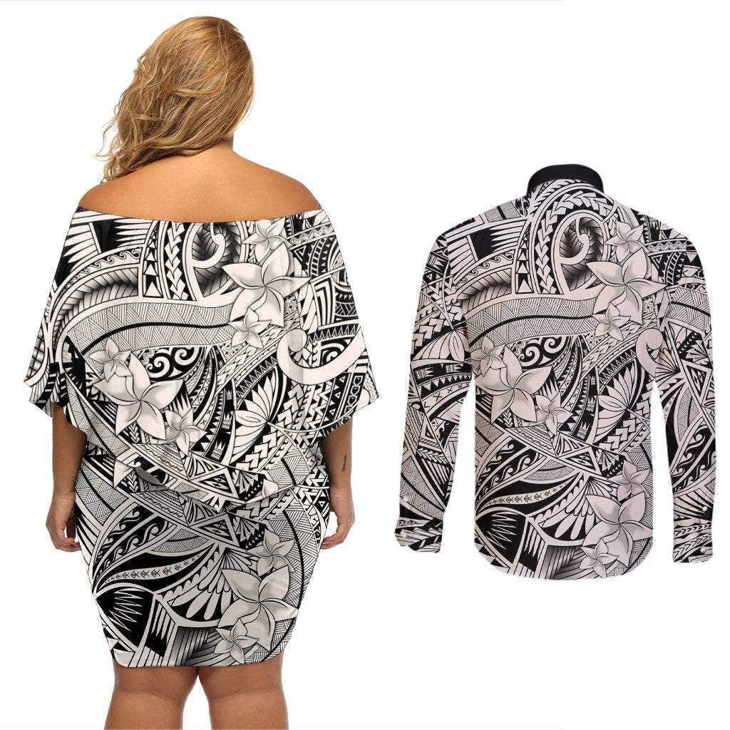Polynesia Couples Matching Off Shoulder Short Dress and Long Sleeve Button Shirt Tribal Polynesian Spirit With Beige Pacific Flowers LT9 - Polynesian Pride