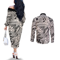 Polynesia Couples Matching Off The Shoulder Long Sleeve Dress and Long Sleeve Button Shirt Tribal Polynesian Spirit With Beige Pacific Flowers LT9 - Polynesian Pride