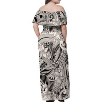 Polynesia Family Matching Off Shoulder Maxi Dress and Hawaiian Shirt Tribal Polynesian Spirit With Beige Pacific Flowers LT9 - Polynesian Pride
