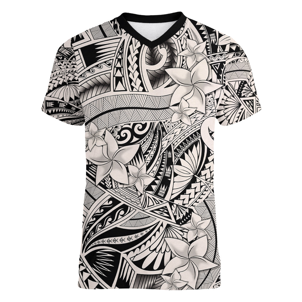 Polynesia Women V Neck T Shirt Tribal Polynesian Spirit With Beige Pacific Flowers LT9 Female Beige - Polynesian Pride