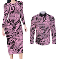 Polynesia Couples Matching Long Sleeve Bodycon Dress and Long Sleeve Button Shirt Tribal Polynesian Spirit With Pink Pacific Flowers LT9 Pink - Polynesian Pride