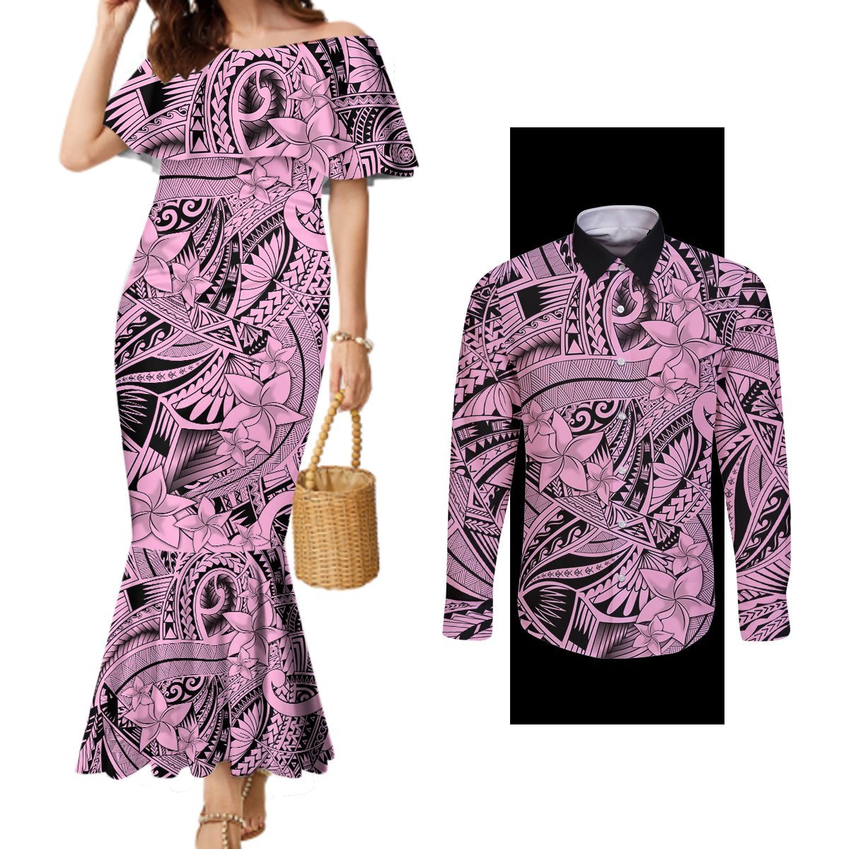 Polynesia Couples Matching Mermaid Dress and Long Sleeve Button Shirt Tribal Polynesian Spirit With Pink Pacific Flowers LT9 Pink - Polynesian Pride