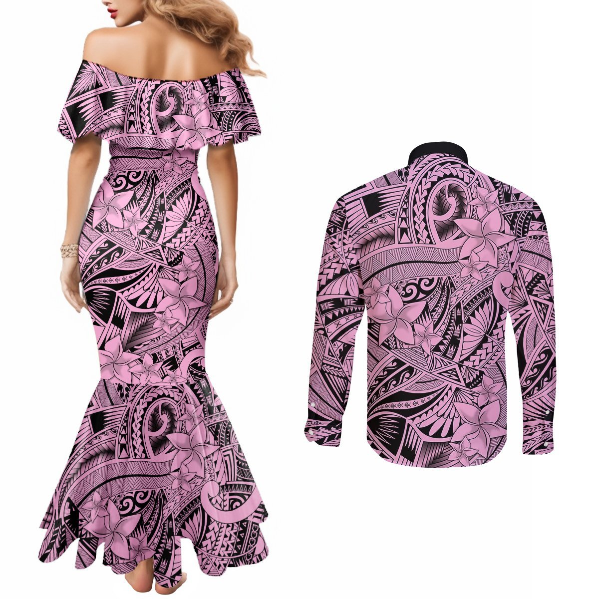 Polynesia Couples Matching Mermaid Dress and Long Sleeve Button Shirt Tribal Polynesian Spirit With Pink Pacific Flowers LT9 - Polynesian Pride