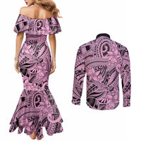 Polynesia Couples Matching Mermaid Dress and Long Sleeve Button Shirt Tribal Polynesian Spirit With Pink Pacific Flowers LT9 - Polynesian Pride