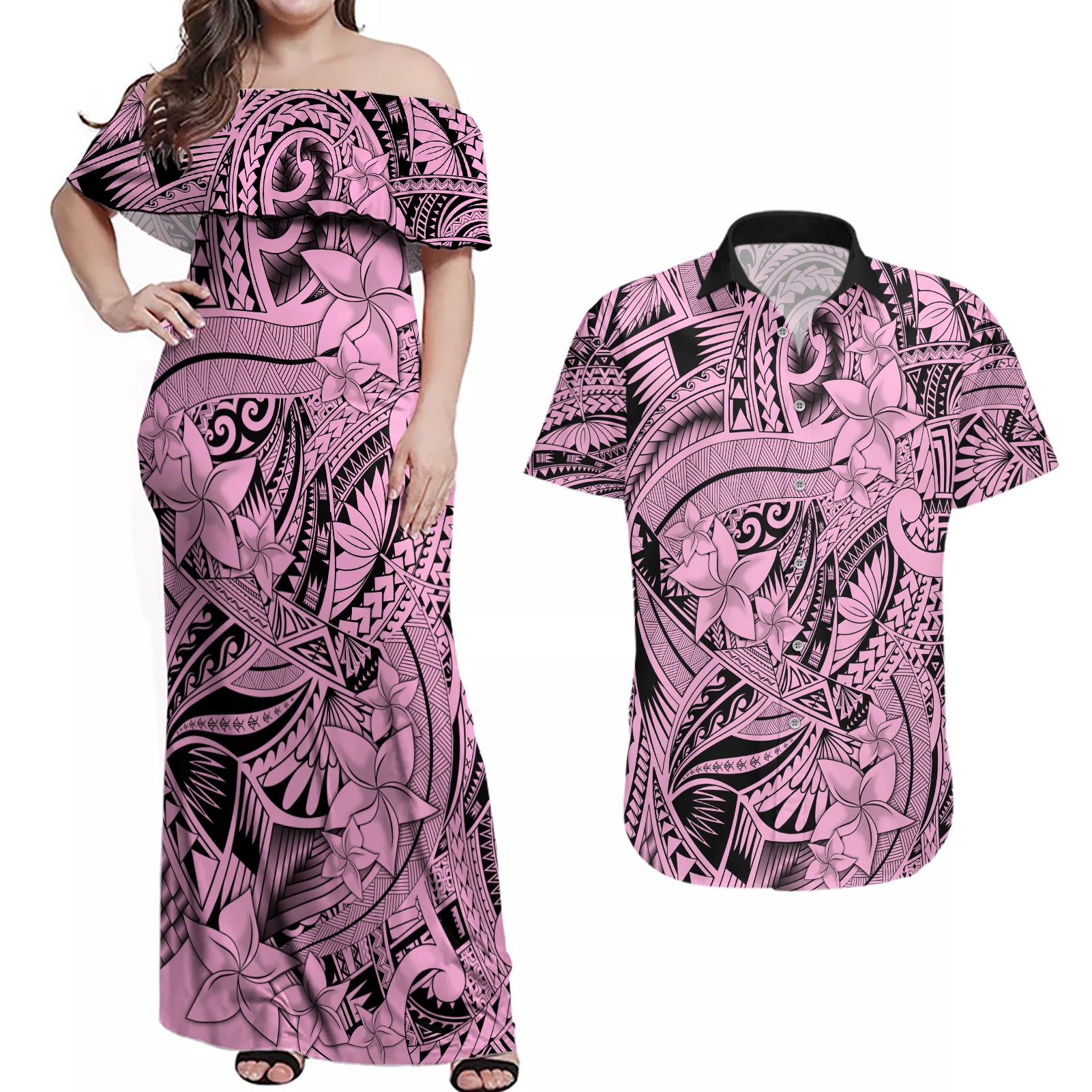 Polynesia Couples Matching Off Shoulder Maxi Dress and Hawaiian Shirt Tribal Polynesian Spirit With Pink Pacific Flowers LT9 Pink - Polynesian Pride