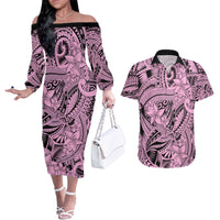 Polynesia Couples Matching Off The Shoulder Long Sleeve Dress and Hawaiian Shirt Tribal Polynesian Spirit With Pink Pacific Flowers LT9 Pink - Polynesian Pride
