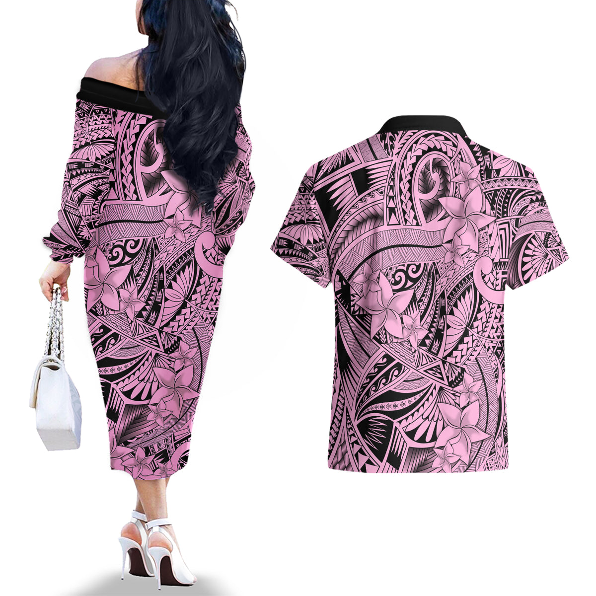 Polynesia Couples Matching Off The Shoulder Long Sleeve Dress and Hawaiian Shirt Tribal Polynesian Spirit With Pink Pacific Flowers LT9 - Polynesian Pride