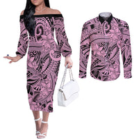 Polynesia Couples Matching Off The Shoulder Long Sleeve Dress and Long Sleeve Button Shirt Tribal Polynesian Spirit With Pink Pacific Flowers LT9 Pink - Polynesian Pride
