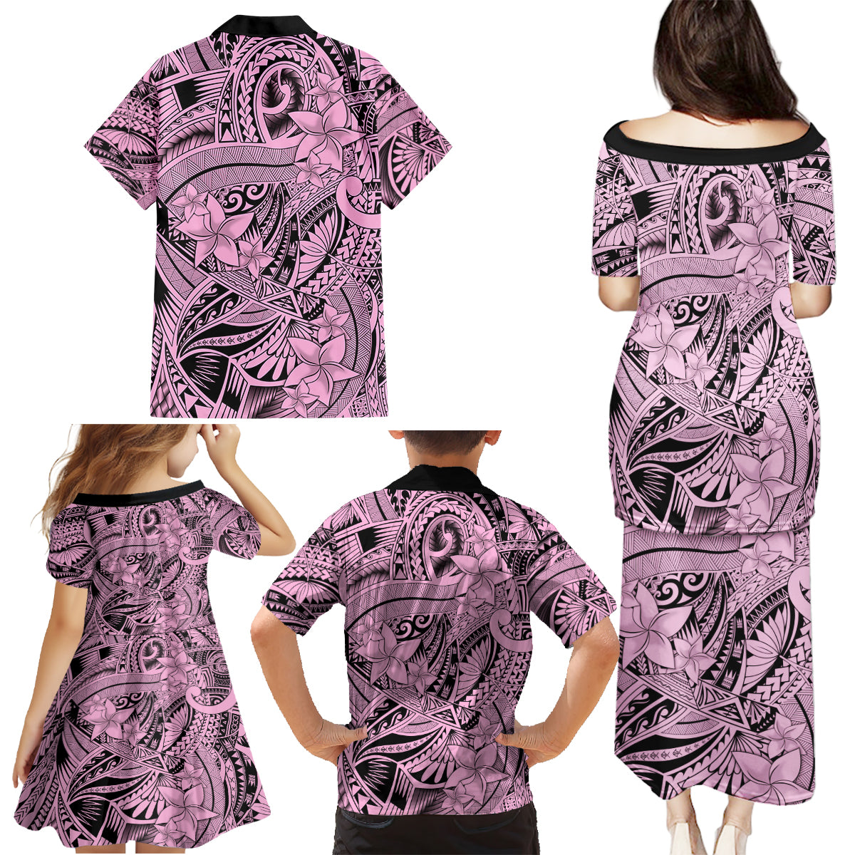 Polynesia Family Matching Puletasi Dress and Hawaiian Shirt Tribal Polynesian Spirit With Pink Pacific Flowers LT9 - Polynesian Pride