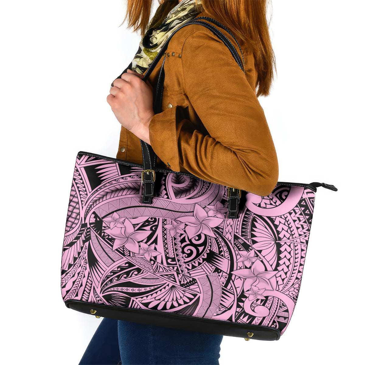 Polynesia Leather Tote Bag Tribal Polynesian Spirit With Pink Pacific Flowers LT9 Pink - Polynesian Pride