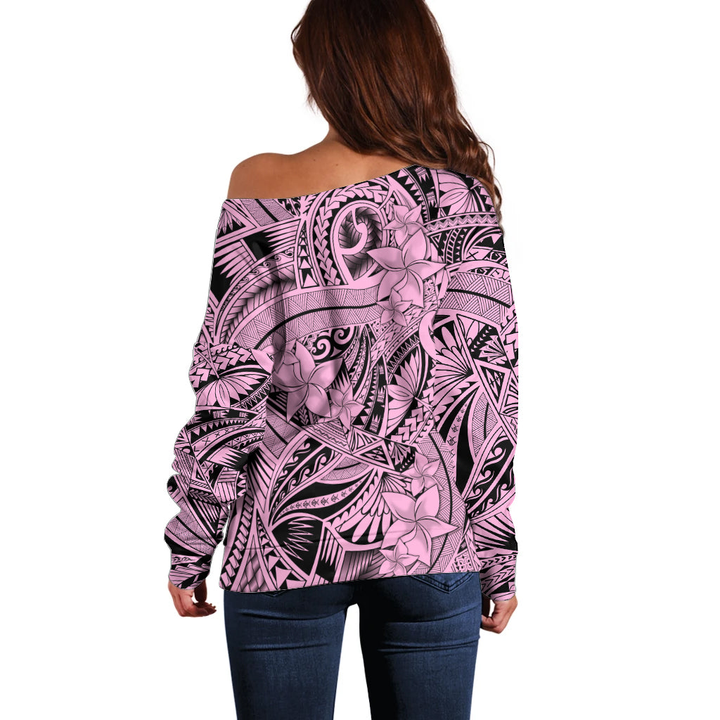 Polynesia Off Shoulder Sweater Tribal Polynesian Spirit With Pink Pacific Flowers LT9 - Polynesian Pride