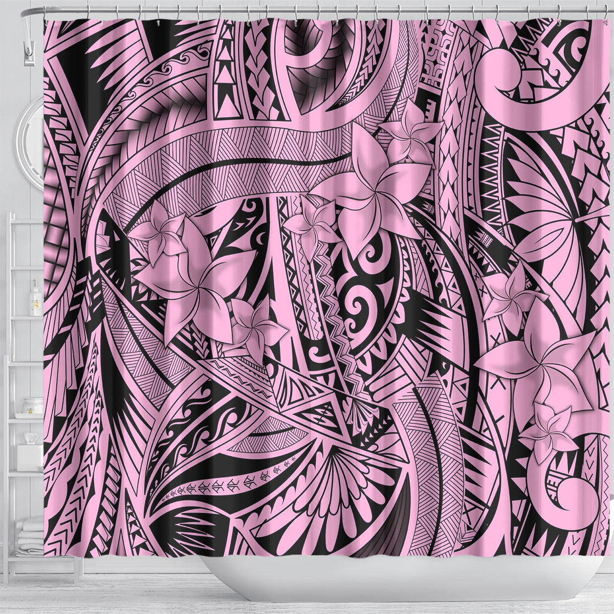 Polynesia Shower Curtain Tribal Polynesian Spirit With Pink Pacific Flowers LT9 - Polynesian Pride