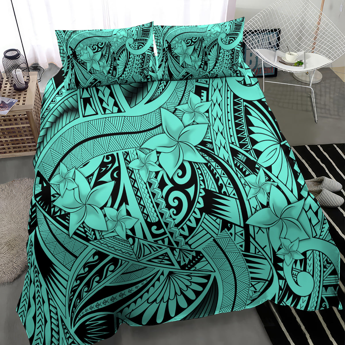 Polynesia Bedding Set Tribal Polynesian Spirit With Teal Pacific Flowers LT9 - Polynesian Pride