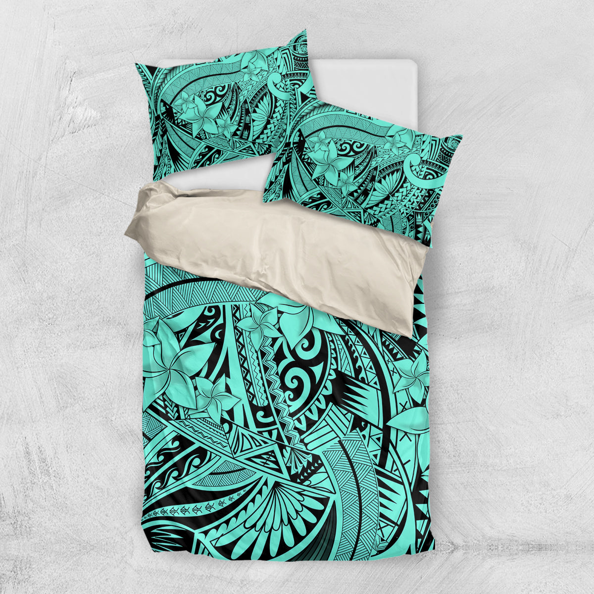 Polynesia Bedding Set Tribal Polynesian Spirit With Teal Pacific Flowers LT9 US Twin 172cm x 218cm Teal - Polynesian Pride