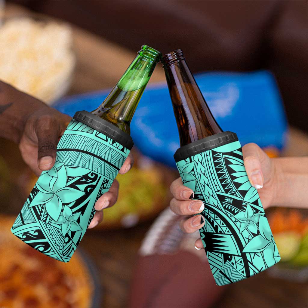 Teal Pacific Flowers Tribal Polynesian Spirit 4 in 1 Can Cooler Tumbler