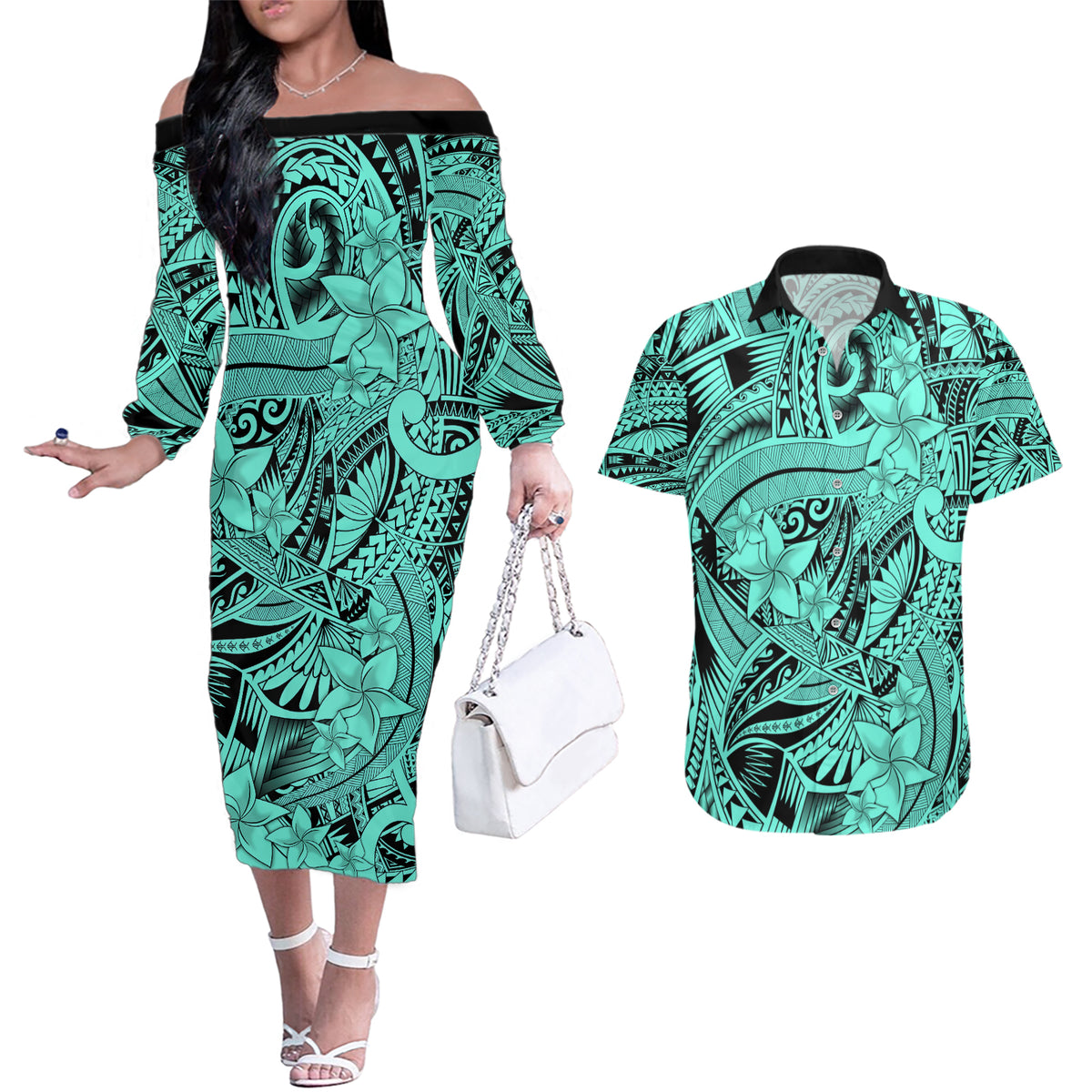 Polynesia Couples Matching Off The Shoulder Long Sleeve Dress and Hawaiian Shirt Tribal Polynesian Spirit With Teal Pacific Flowers LT9 Teal - Polynesian Pride