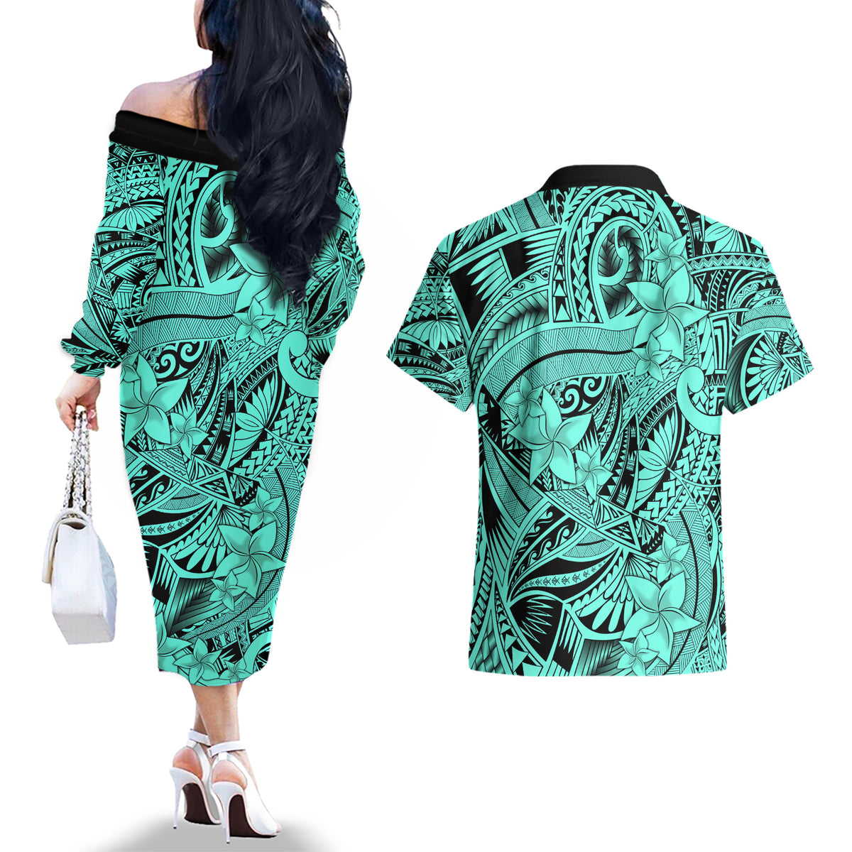 Polynesia Couples Matching Off The Shoulder Long Sleeve Dress and Hawaiian Shirt Tribal Polynesian Spirit With Teal Pacific Flowers LT9 - Polynesian Pride