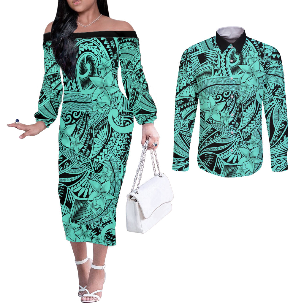 Polynesia Couples Matching Off The Shoulder Long Sleeve Dress and Long Sleeve Button Shirt Tribal Polynesian Spirit With Teal Pacific Flowers LT9 Teal - Polynesian Pride