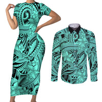 Polynesia Couples Matching Short Sleeve Bodycon Dress and Long Sleeve Button Shirt Tribal Polynesian Spirit With Teal Pacific Flowers LT9 Teal - Polynesian Pride
