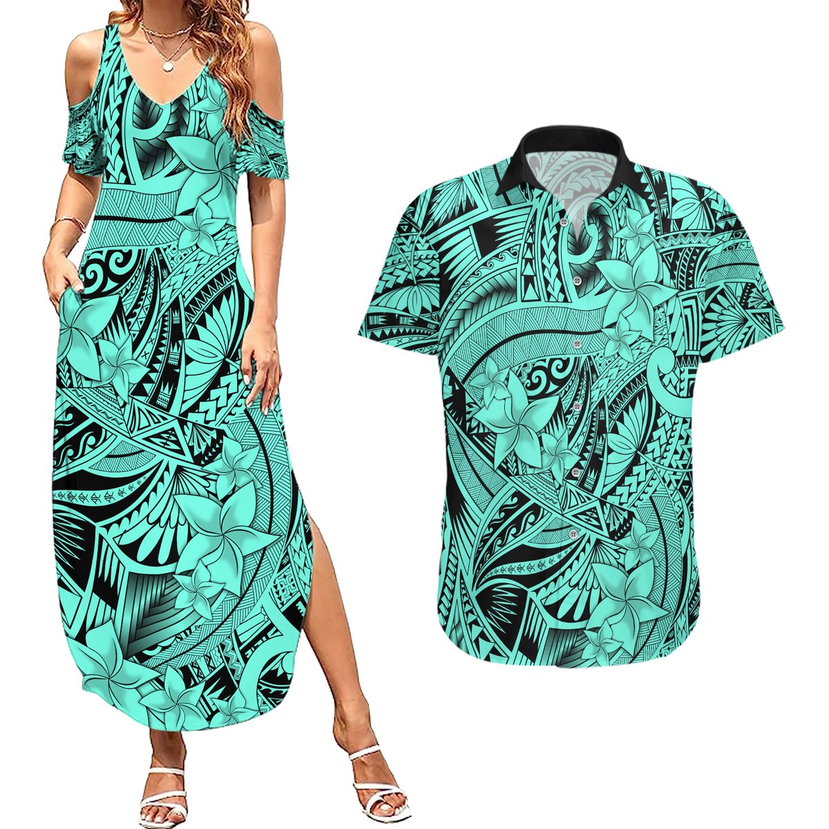 Polynesia Couples Matching Summer Maxi Dress and Hawaiian Shirt Tribal Polynesian Spirit With Teal Pacific Flowers LT9 Teal - Polynesian Pride