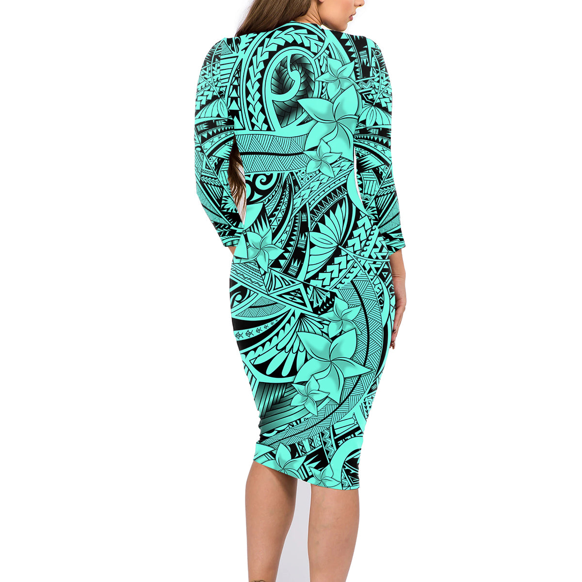 Polynesia Family Matching Long Sleeve Bodycon Dress and Hawaiian Shirt Tribal Polynesian Spirit With Teal Pacific Flowers LT9 - Polynesian Pride