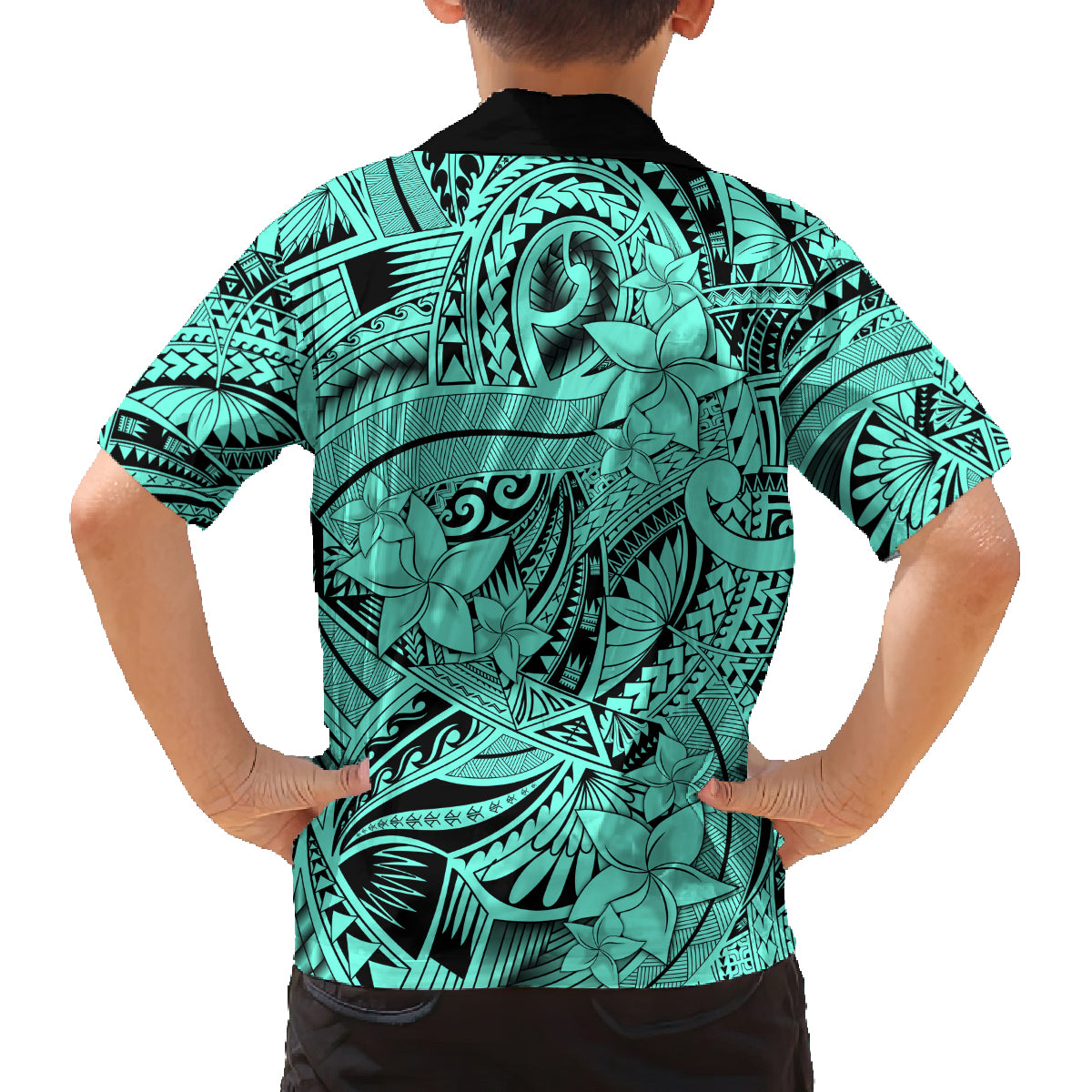 Polynesia Family Matching Off Shoulder Long Sleeve Dress and Hawaiian Shirt Tribal Polynesian Spirit With Teal Pacific Flowers LT9 - Polynesian Pride