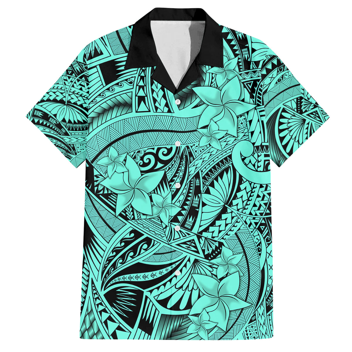Polynesia Family Matching Off Shoulder Short Dress and Hawaiian Shirt Tribal Polynesian Spirit With Teal Pacific Flowers LT9 Dad's Shirt - Short Sleeve Teal - Polynesian Pride