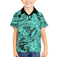 Polynesia Family Matching Puletasi Dress and Hawaiian Shirt Tribal Polynesian Spirit With Teal Pacific Flowers LT9 Son's Shirt Teal - Polynesian Pride