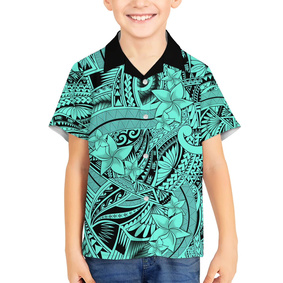 Polynesia Family Matching Summer Maxi Dress and Hawaiian Shirt Tribal Polynesian Spirit With Teal Pacific Flowers LT9 Son's Shirt Teal - Polynesian Pride