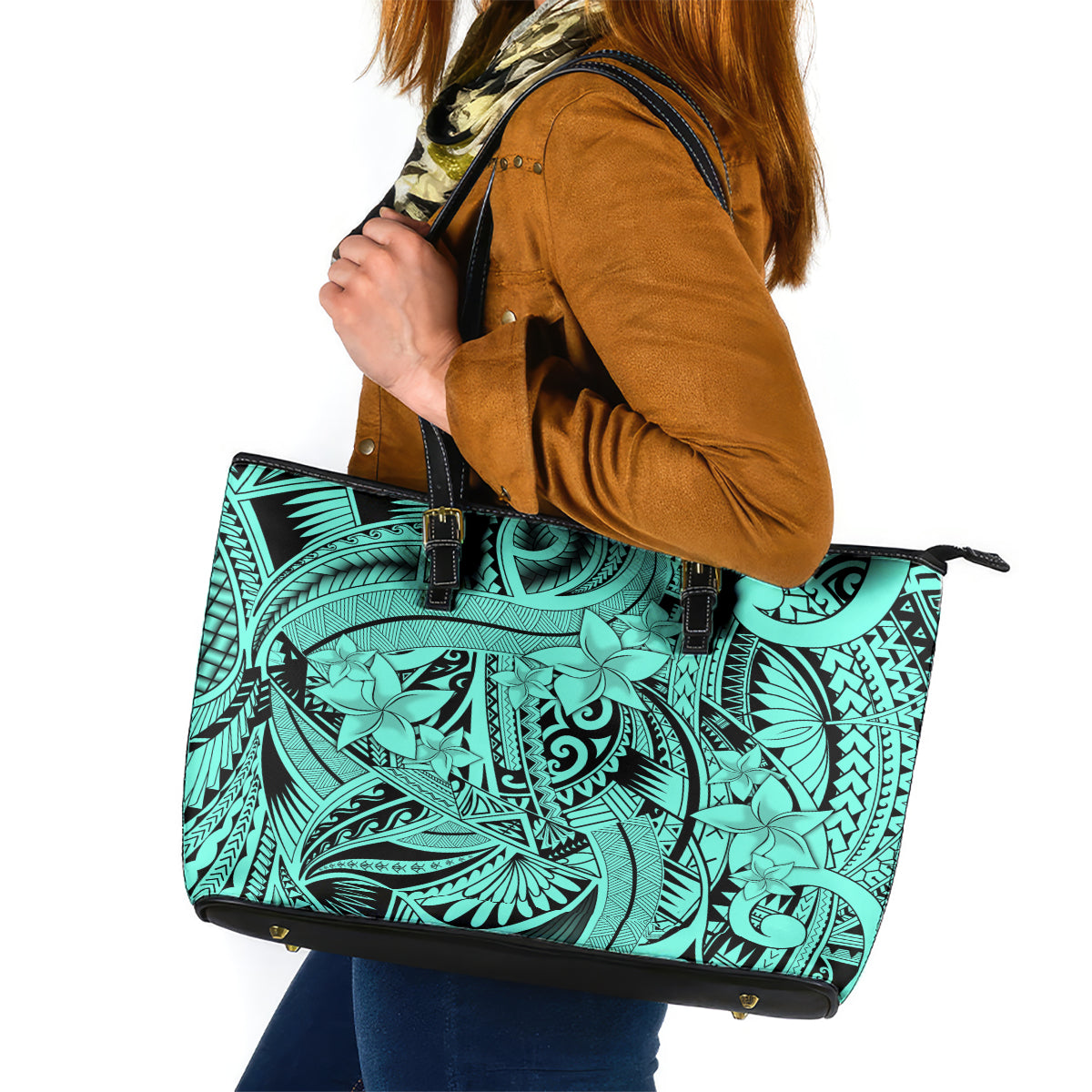 Polynesia Leather Tote Bag Tribal Polynesian Spirit With Teal Pacific Flowers LT9 Teal - Polynesian Pride