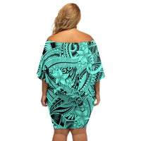 Polynesia Off Shoulder Short Dress Tribal Polynesian Spirit With Teal Pacific Flowers LT9 - Polynesian Pride