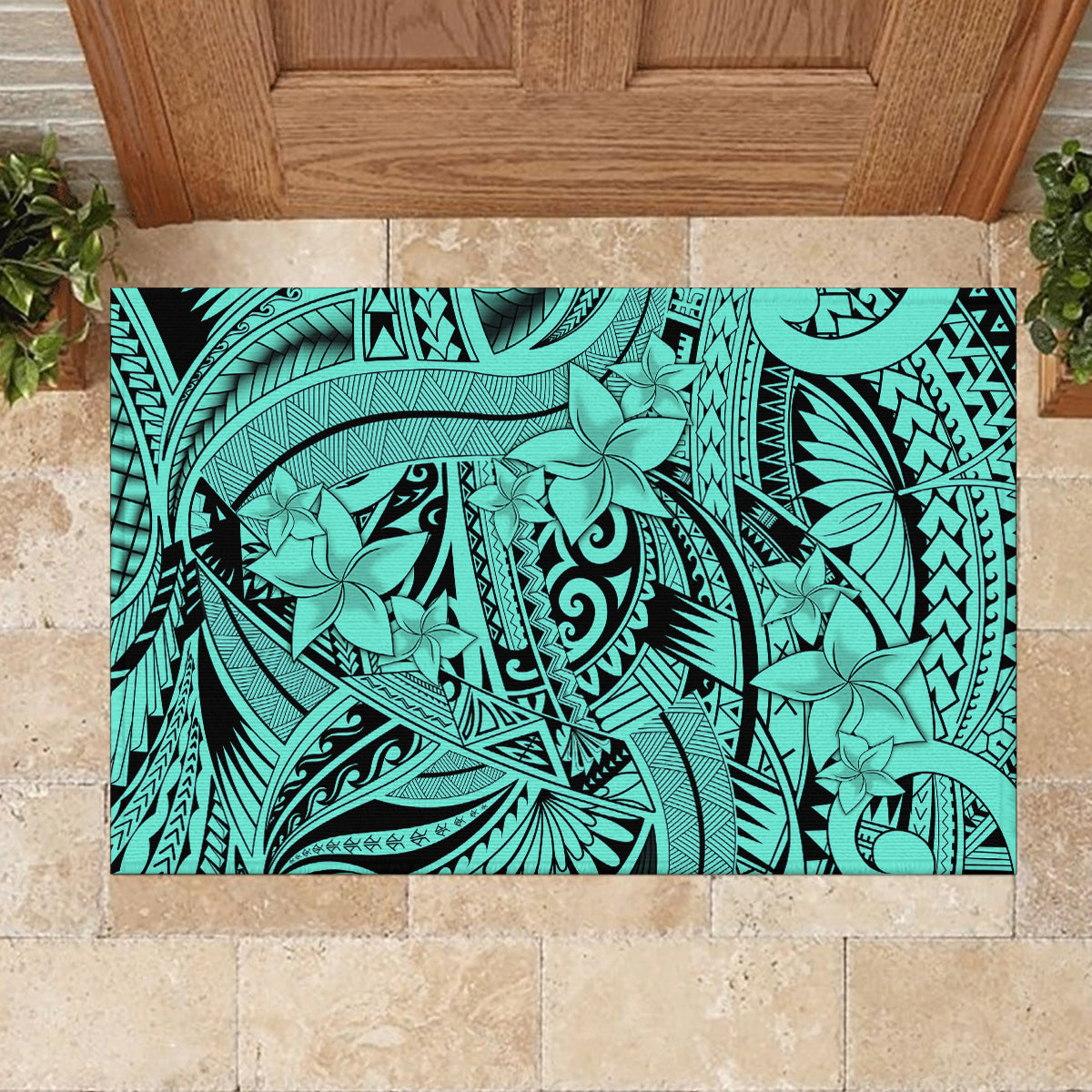 Polynesia Rubber Doormat Tribal Polynesian Spirit With Teal Pacific Flowers LT9 - Polynesian Pride