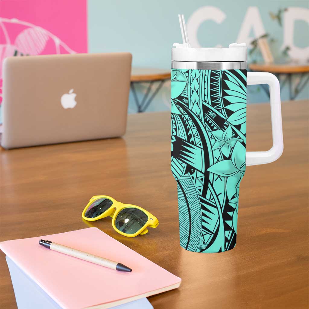 Teal Pacific Flowers Tribal Polynesian Spirit Tumbler With Handle