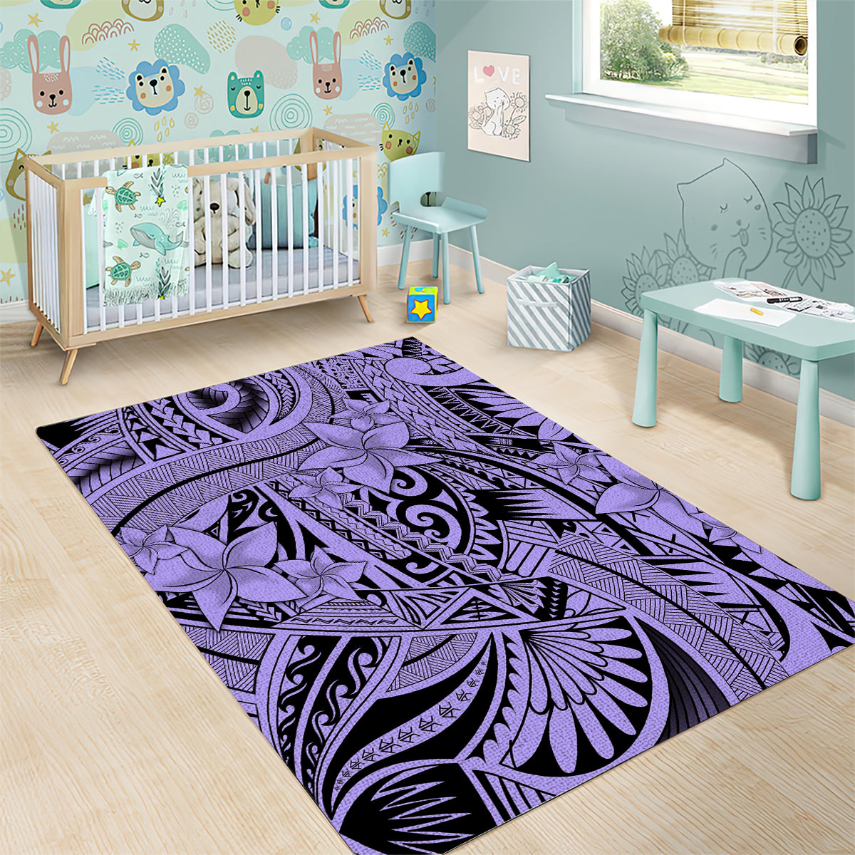 Polynesia Area Rug Tribal Polynesian Spirit With Violet Pacific Flowers LT9 - Polynesian Pride
