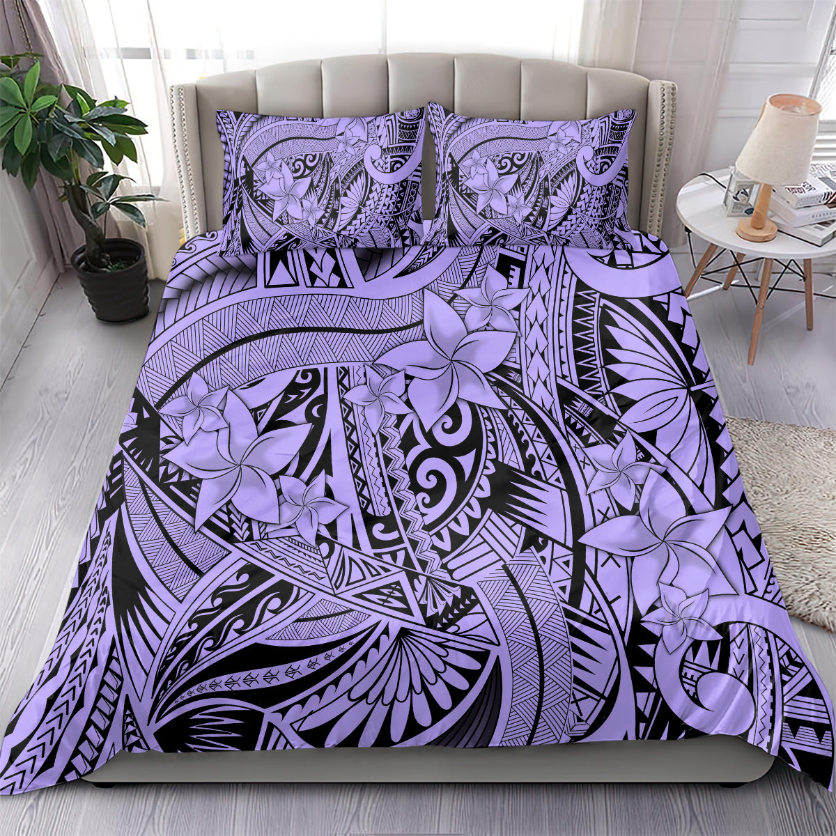 Polynesia Bedding Set Tribal Polynesian Spirit With Violet Pacific Flowers LT9 - Polynesian Pride