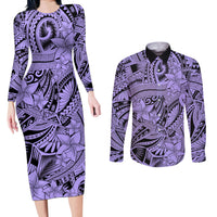 Polynesia Couples Matching Long Sleeve Bodycon Dress and Long Sleeve Button Shirt Tribal Polynesian Spirit With Violet Pacific Flowers LT9 Violet - Polynesian Pride