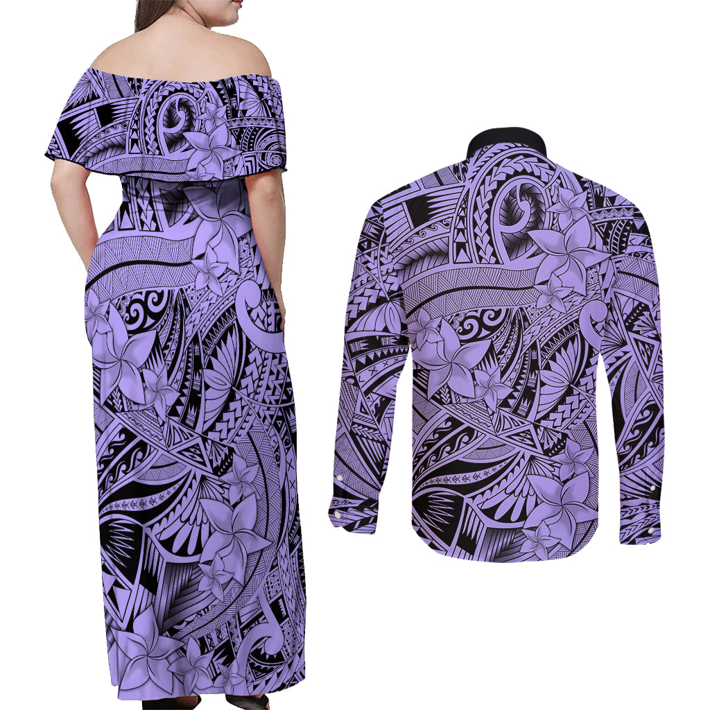 Polynesia Couples Matching Off Shoulder Maxi Dress and Long Sleeve Button Shirt Tribal Polynesian Spirit With Violet Pacific Flowers LT9 - Polynesian Pride
