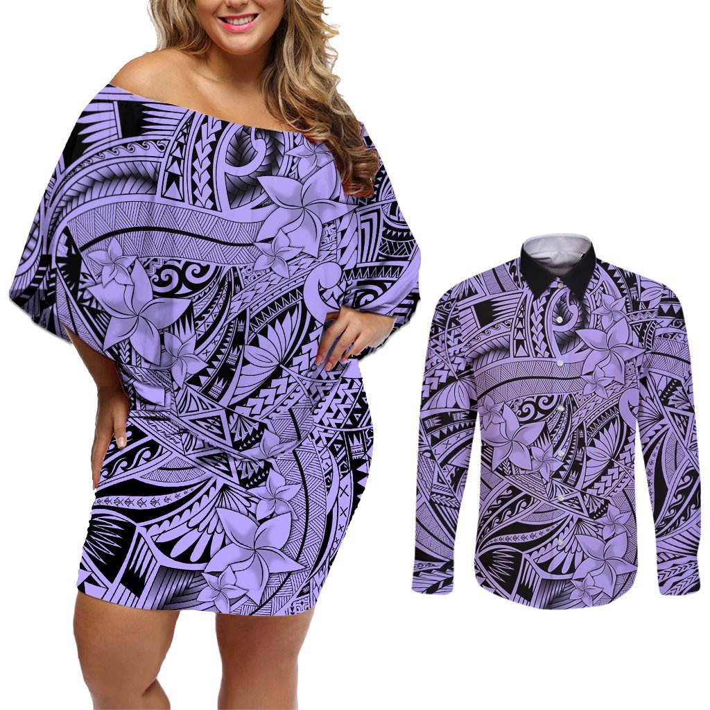 Polynesia Couples Matching Off Shoulder Short Dress and Long Sleeve Button Shirt Tribal Polynesian Spirit With Violet Pacific Flowers LT9 Violet - Polynesian Pride